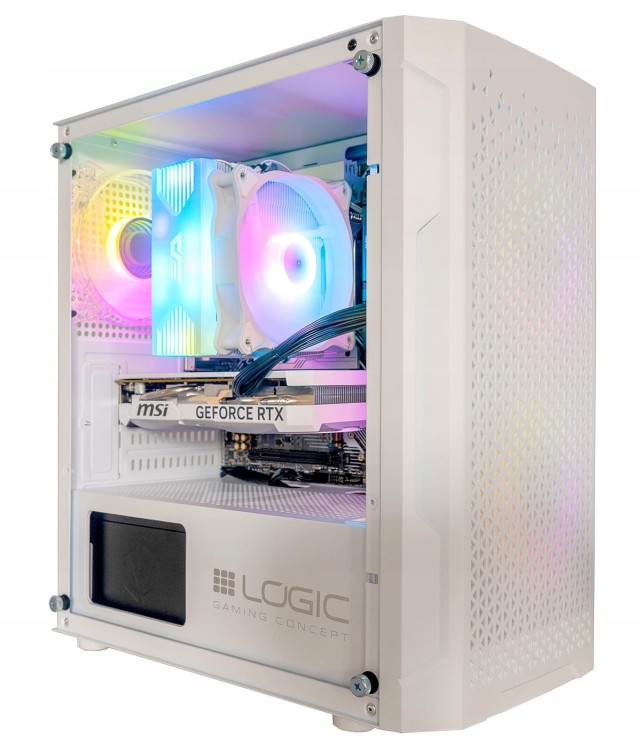 Biały komputer AURORA D5 DARKAIR i5-14400f  z grafiką RTX5060, widok z boku