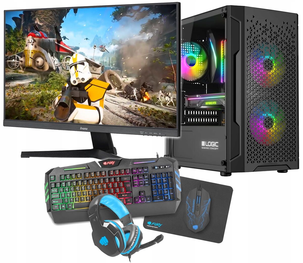 Zestaw z procesorem Ryzen 7, grafiką RTX5060Ti i 27-calowym monitorem IIYAMA.